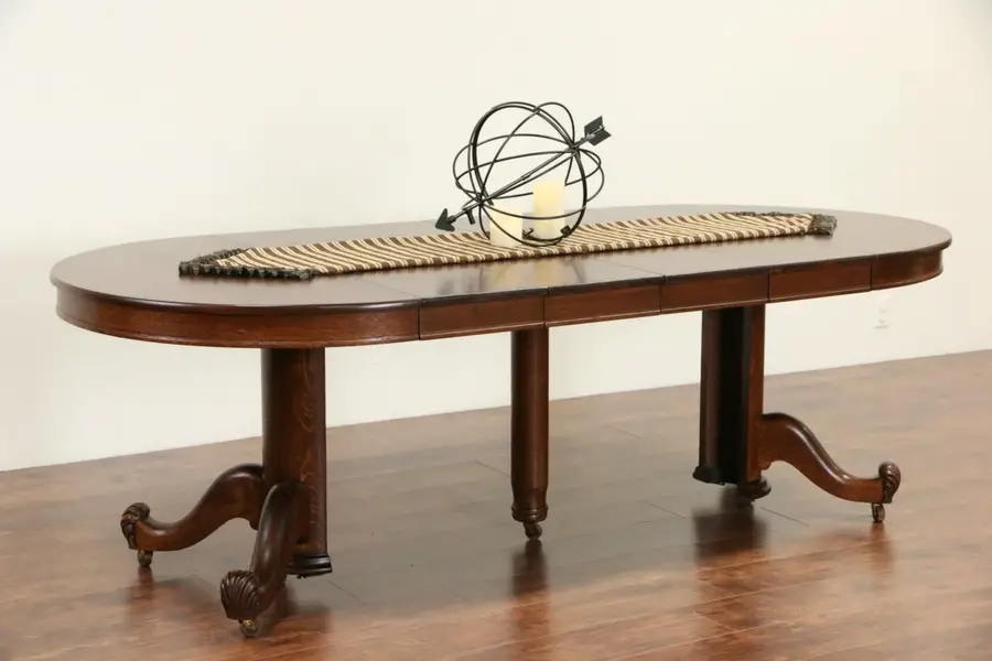 Photo of Oak 44" Round 1900 Antique Dining Table, Pedestal, 4 Leaves, Signed Hastings