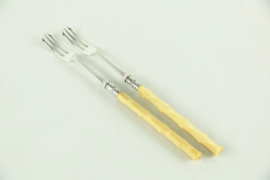 Photo of Pair Antique English 1890's Antique Pickle Serving Forks, Sterling Silver Mounts