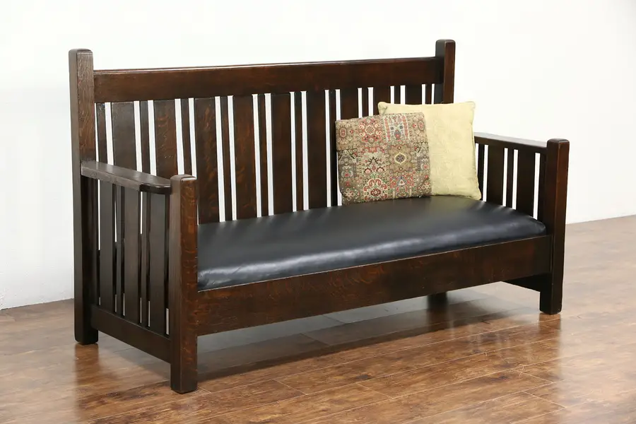 Photo of Arts & Crafts Mission Oak 1905 Antique Leather Craftsman Sofa, Bench or Settee