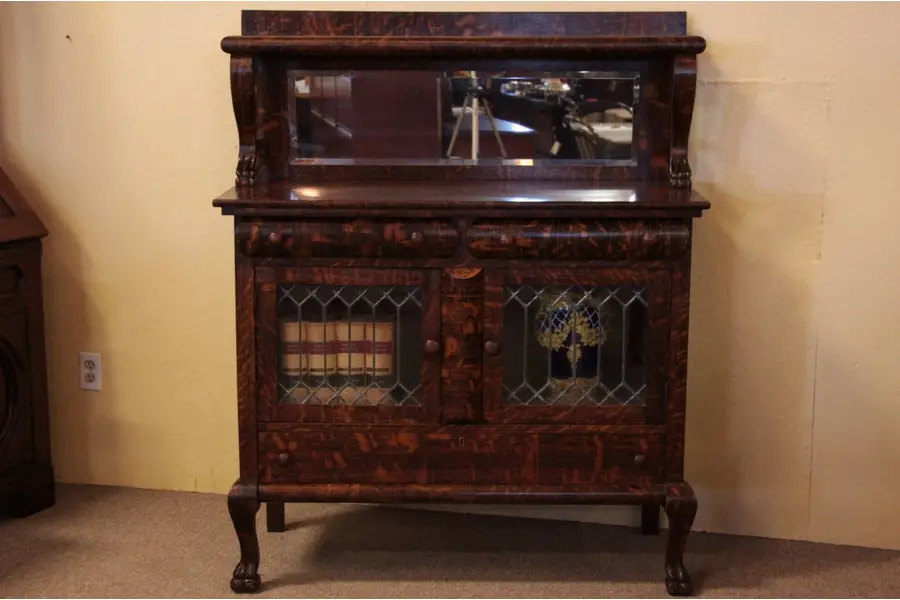 Photo of Sideboard, Leaded Glass, Grain Painted Tiger Oak