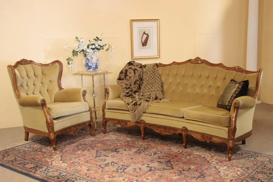 Photo of Carved Sofa & Wing Chair Set, Genuine Mohair