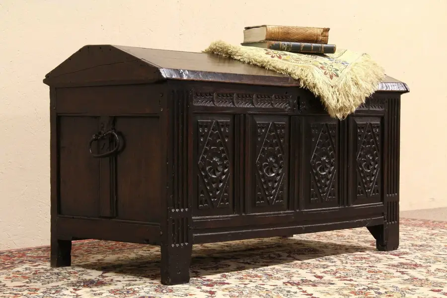Photo of Treasure Chest or Trunk, Carved Oak 1700's