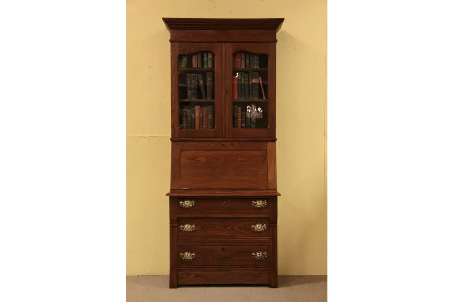 Photo of Victorian Oak Secretary Desk, Bookcase Top