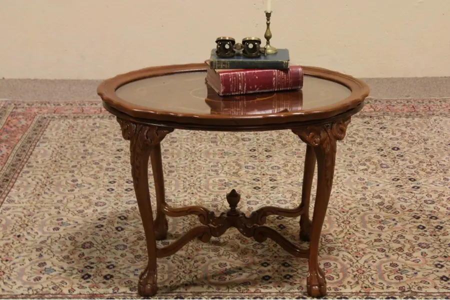 Photo of Carved Ball & Claw Oval Coffee Table, Glass Tray