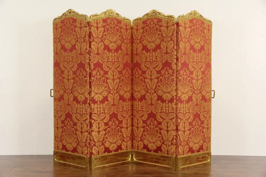 Photo of French Gold Leaf 1890 Antique Screen, Four Damask Panels