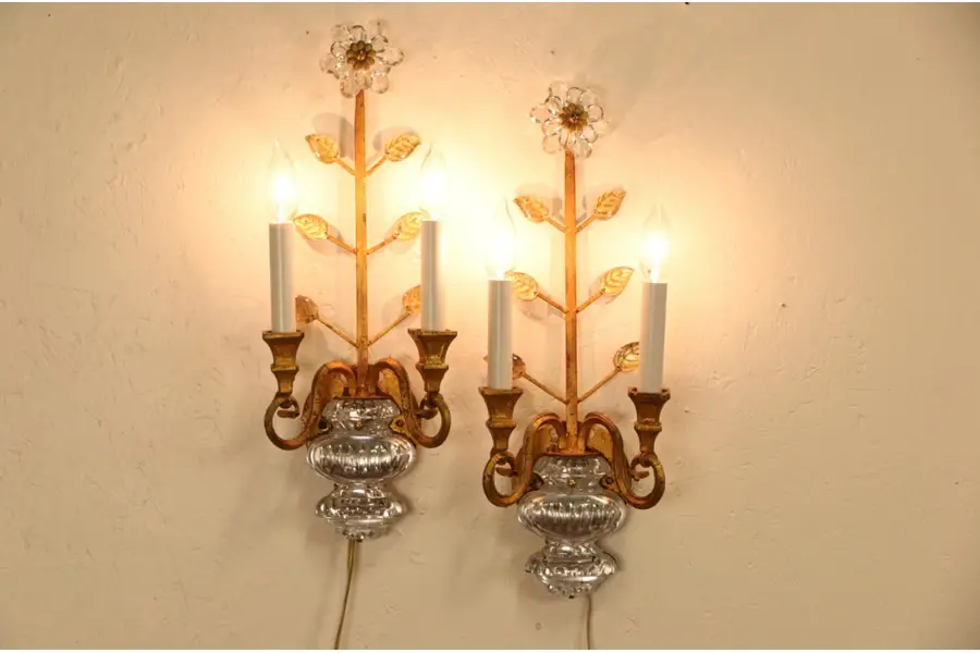 Photo of Pair of Italian Vintage Gold & Crystal Wall Sconce Lights