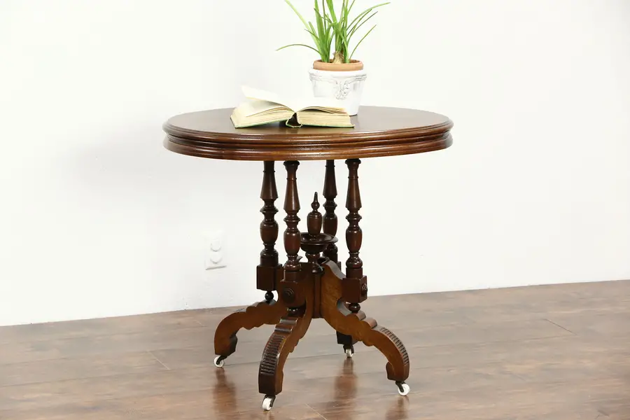 Photo of Victorian 1880 Antique Oval Walnut Parlor Lamp Table, Carved Pedestal