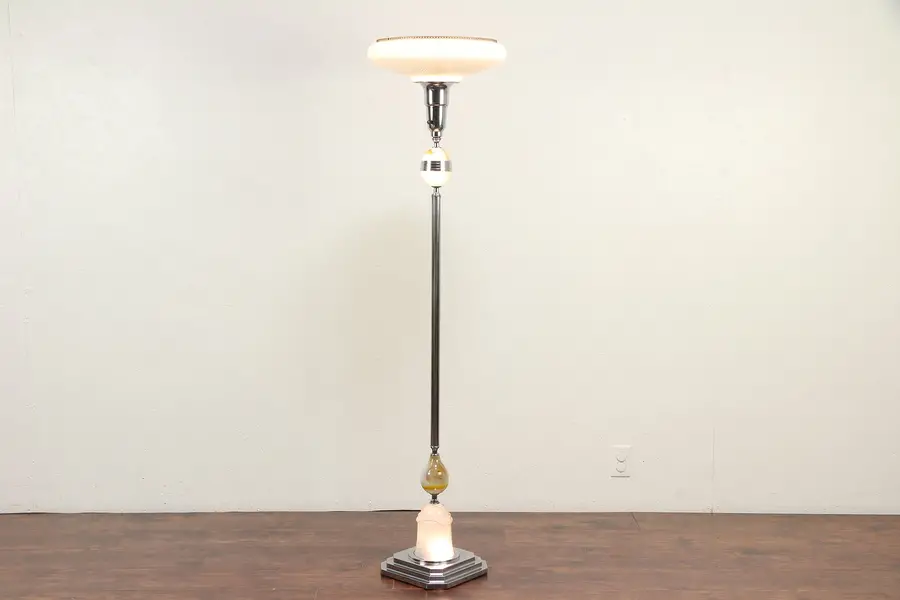 Photo of Art Deco 1930's Vintage Torchiere Floor Lamp, Chrome & Glass Lighted Base