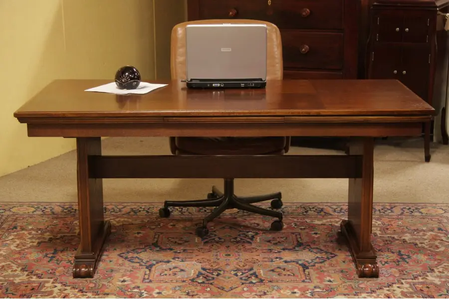 Photo of Oak Library Desk or Writing Table, Carved Chariots