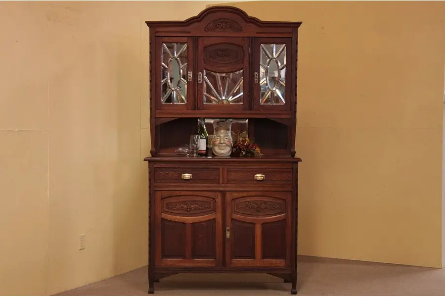 Photo of Carved Oak Sideboard or Backbar, Beveled Mirrors