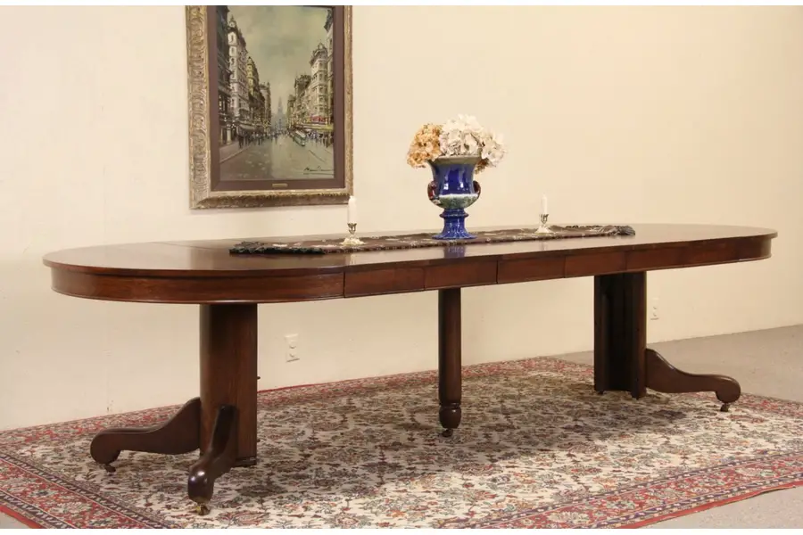 Photo of Round 4' Oak 1900 Antique Pedestal Dining Table, 6 Leaves