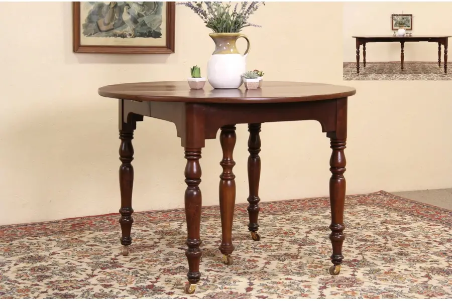 Photo of Round Victorian Walnut Antique 1870 Dining Table, 3 Leaves