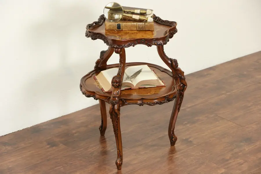 Photo of Marquetry & Cupid Carved 1940's Vintage Two Tier End Table