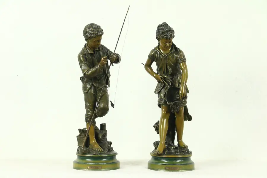 Photo of La Pecheur La Pecheuse Fisher Boy & Girl Antique Pair of Statues