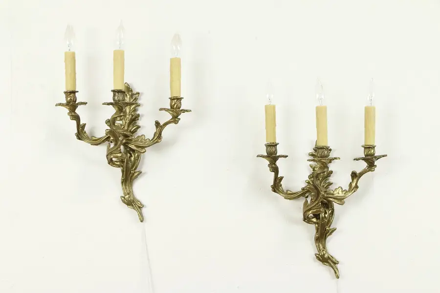 Photo of Pair of Solid Brass Rococo Vintage Triple Wall Sconce Lights