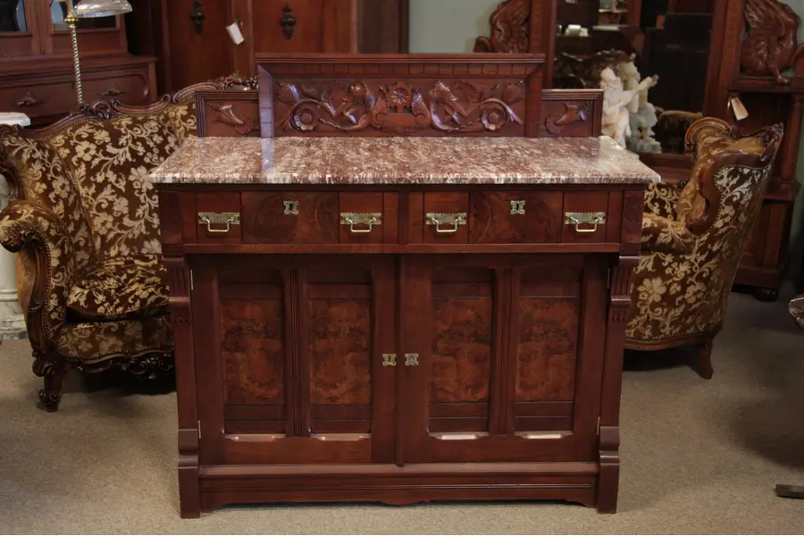 Photo of Victorian Eastlake 1880 Walnut Marble Top Sideboard