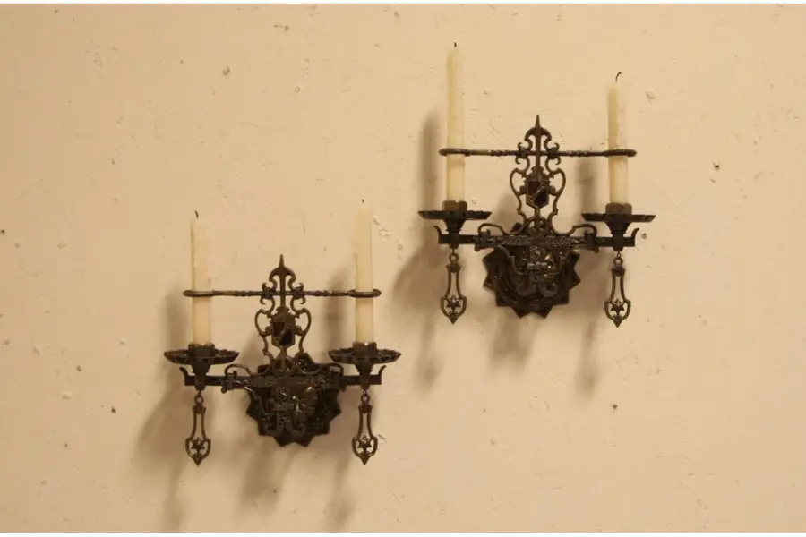 Photo of Pair Bronze 1920 Antique Wall Candle Sconces