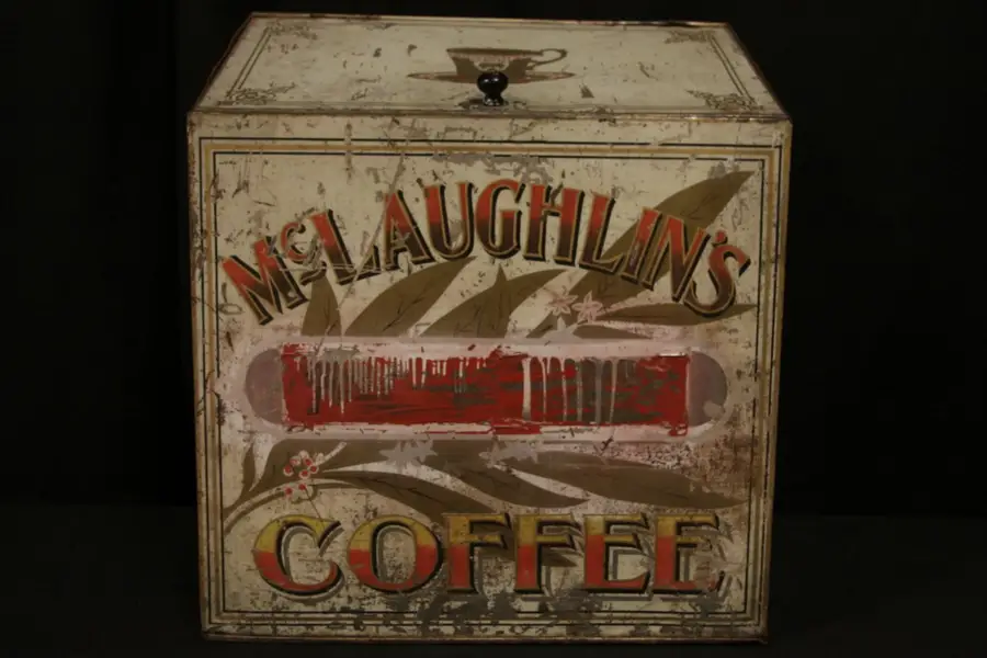 Photo of McLaughlin's Coffee Antique 1910 Tin Hopper Bin