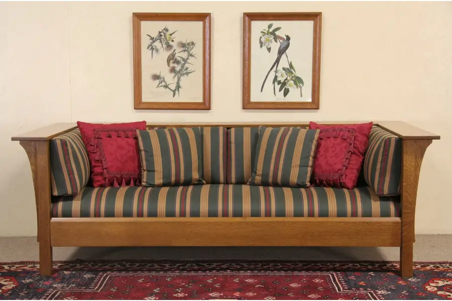Photo of Stickley Signed Oak Vintage Settee or Sofa, Original Upholstery
