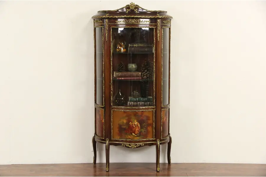 Photo of French 1920 Curved Glass Vitrine Curio Display Cabinet, Brass Mounts, Paintings