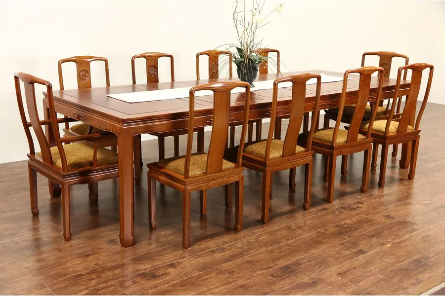 Photo of Asian Vintage Carved Rosewood Dining Set, Table 3 Leaves, 10 Chairs, Thailand