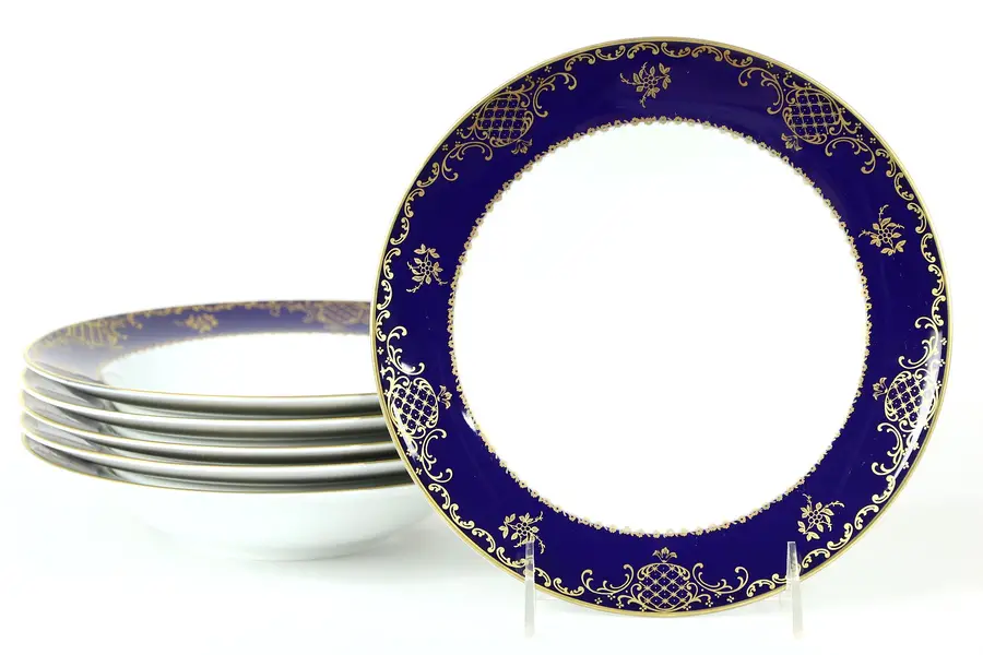 Photo of Set of 6 Rim Soup Bowls, Charlemagne by Rosenthal Germany, Coblalt and Gold