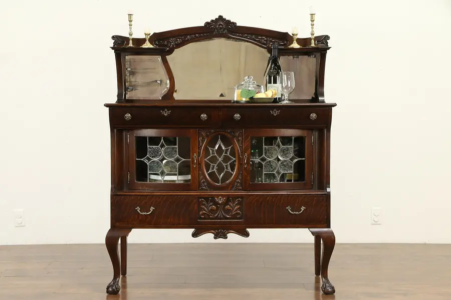 Photo of Victorian Antique Oak Sideboard Server, Leaded Glass, Beveled Mirrors