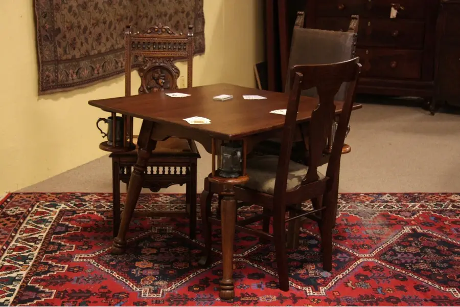 Photo of Antique Oak Tavern Game Table, Mug Holders