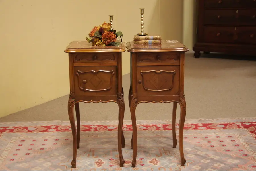 Photo of Pair of Marble Top Carved French Nightstands