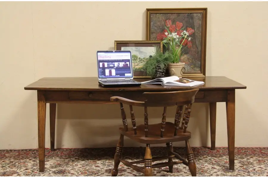 Photo of Country French 1870 Antique Oak Farmhouse Harvest Table or Writing Desk