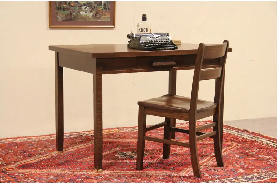 Photo of Arts & Crafts Mission Oak Antique 1905 Desk or Library Table, Brass Feet