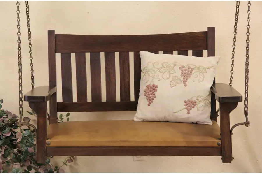 Photo of Arts & Crafts Mission Oak 1905 Porch Swing, Leather Seat