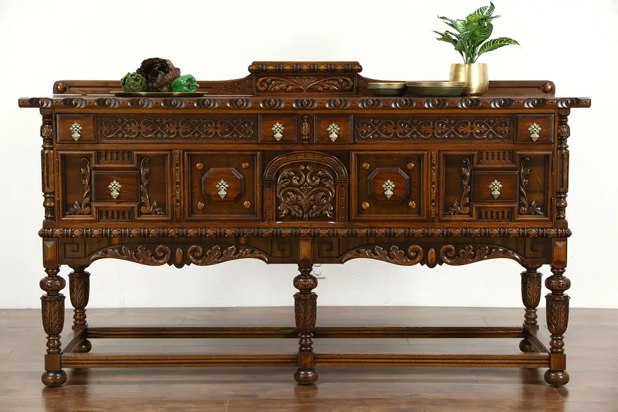 Photo of English Tudor 1925 Antique Carved Oak Server, Sideboard or Buffet