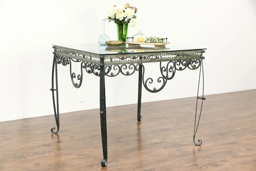 Photo of Wrought Iron Verdigris Display or Wine & Cheese Tasting Table, Wood Balls