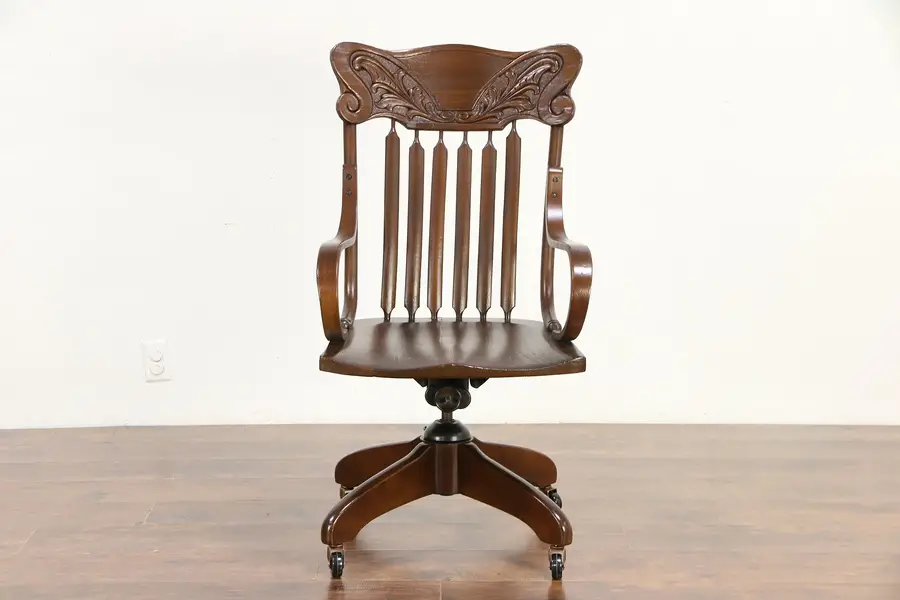 Photo of Victorian Antique Elm Swivel Adjustable Desk Chair, Carved Press Back