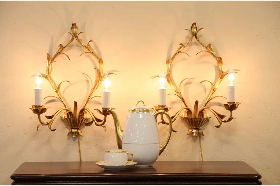 Photo of Pair of Italian Gold Wall Sconces or Lights