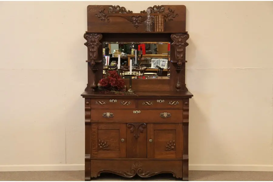 Photo of Victorian Carved Antique Oak Sideboard Buffet