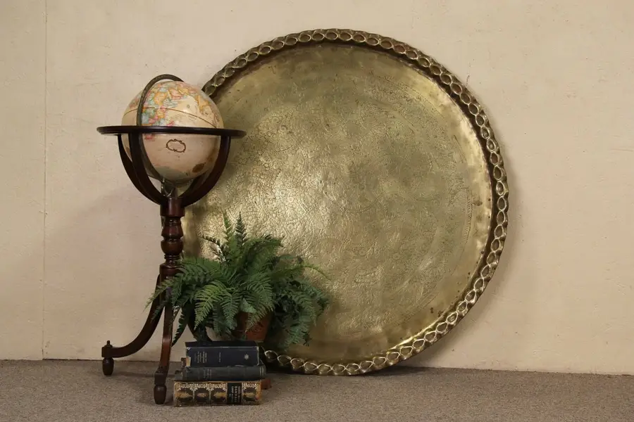 Photo of Turkish Engraved Brass Banquet Tray for Coffee Table or Wall Art