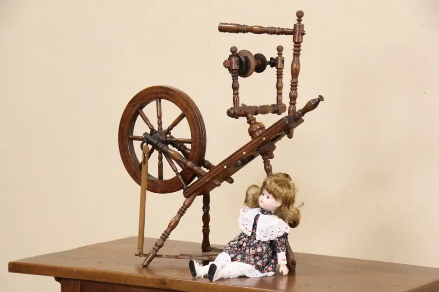 Photo of Child Size 1860 Antique Flax or Linen Spinning Wheel, Bone Mounts