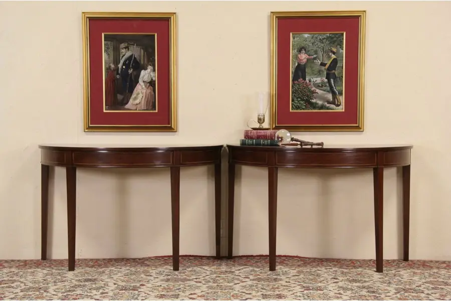 Photo of Pair of Demilune Half Round 1920's Mahogany Hall Console Tables