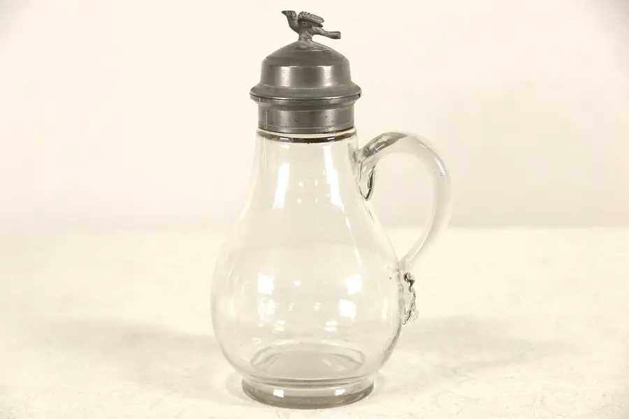 Photo of Victorian Antique Glass & Pewter Syrup or Cream Pitcher, Bird Lid, Pat. 1872
