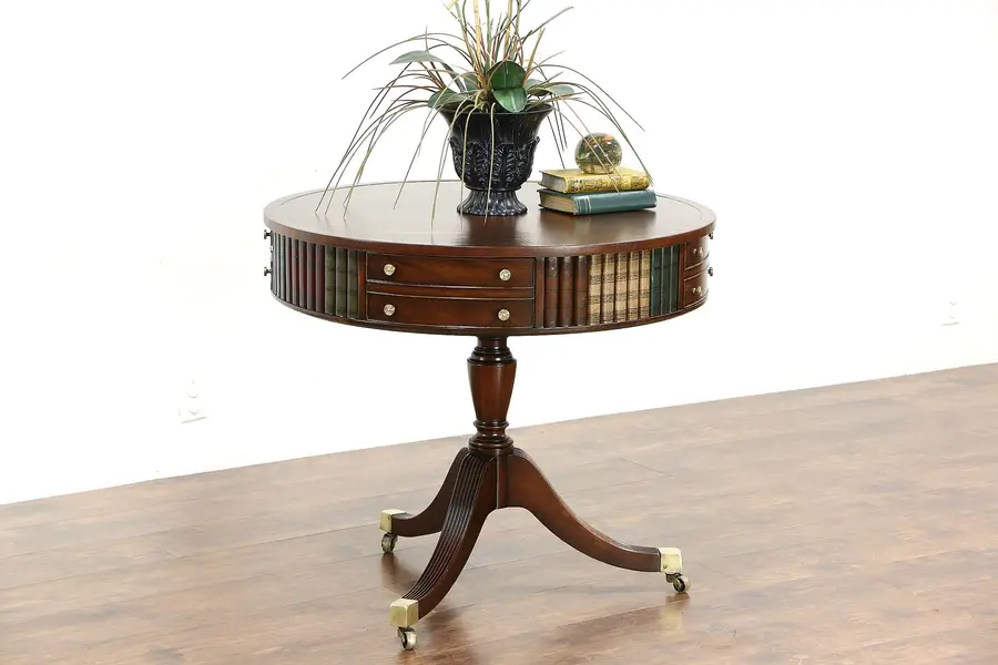 Photo of Round Drum or Vintage Revolving Hall Table, Leather Books & Top