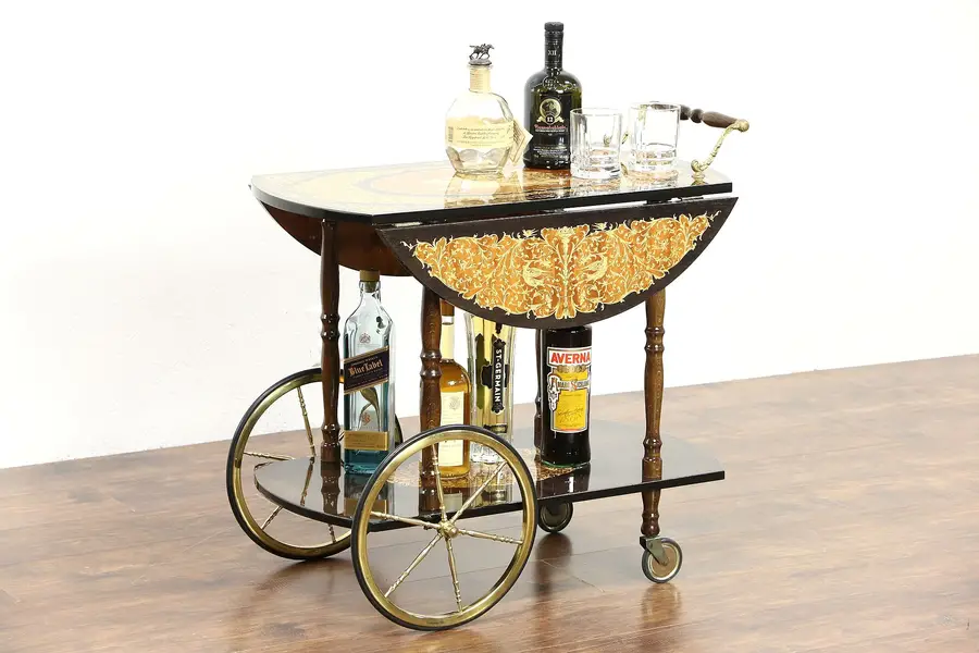 Photo of Italian Marquetry Vintage Tea or Dessert Cart, Beverage Trolley, Chariot Motif