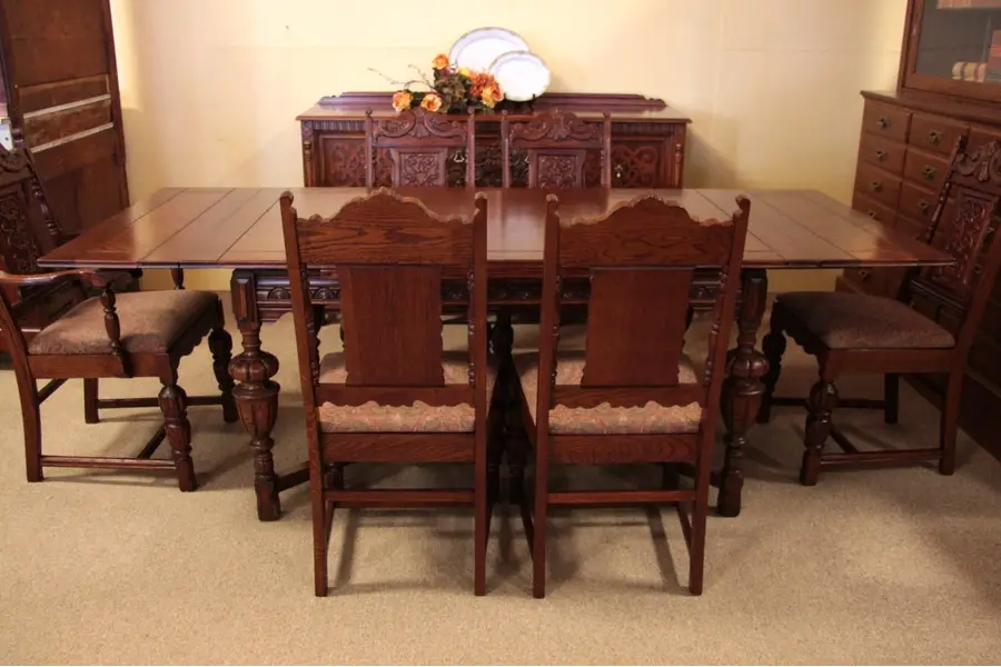 Photo of English Tudor 8 Pc. Oak Antique Dining Set, Secret