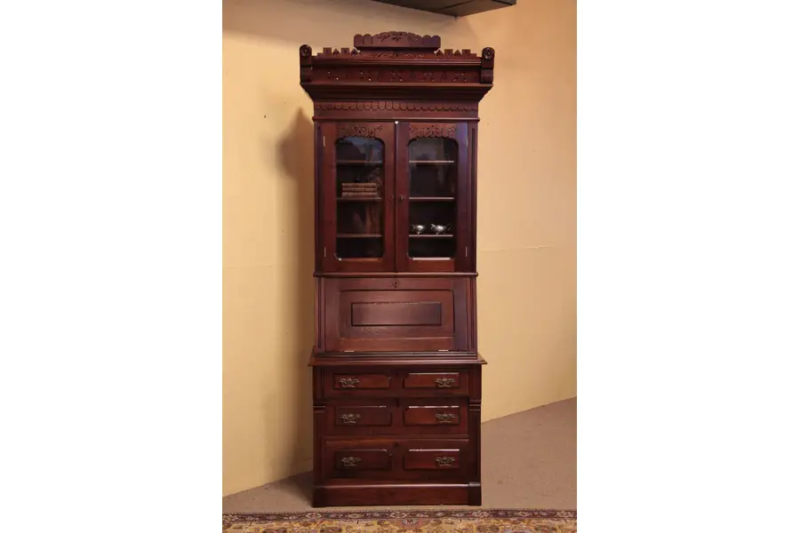Photo of Victorian Eastlake Secretary Desk with Bookcase Top