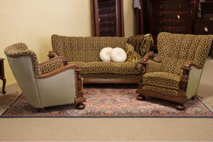 Photo of Oak Sofa & 2 Wingchairs, Carved Figures
