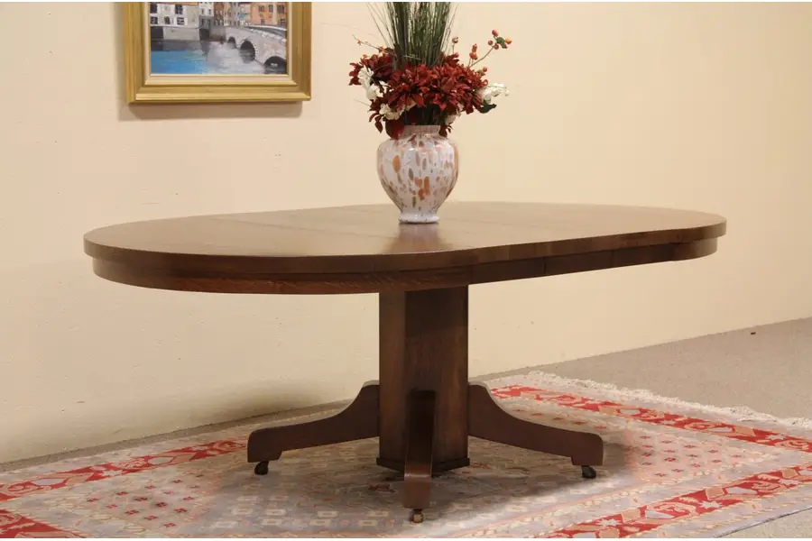 Photo of Arts & Crafts Round Oak Dining Table, 3 Leaves
