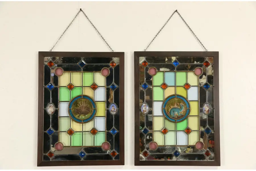 Photo of French 1870 Antique Architectural Salvage Stained Glass Windows, Jewels & Enamel