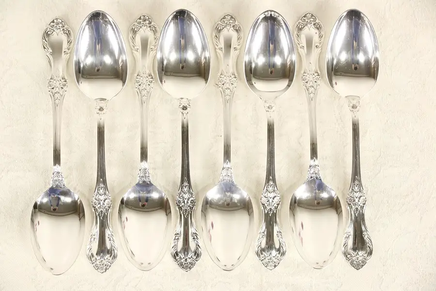 Photo of Wild Rose Sterling Silver Set of 8 Soup or Serving Spoons, Signed International