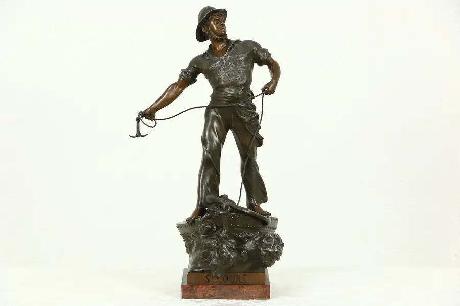 Photo of Secours or Rescue Antique French Sculpture of Sailor, Signed Waagen